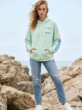 Mint Green Graphic Hoodie with Daisy Print